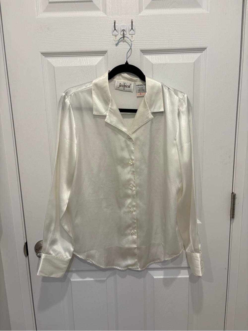 Vintage Jessica Cream Satin Button-Down Blouse #1329